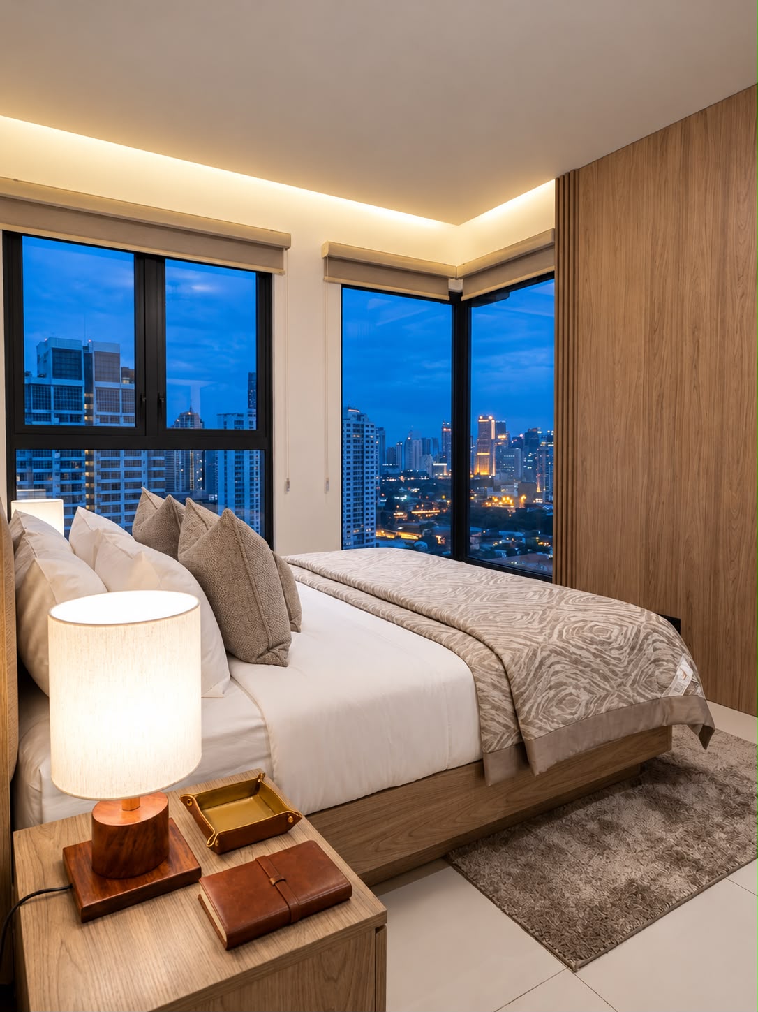 Bedroom with corner windows overlooking the city at dusk