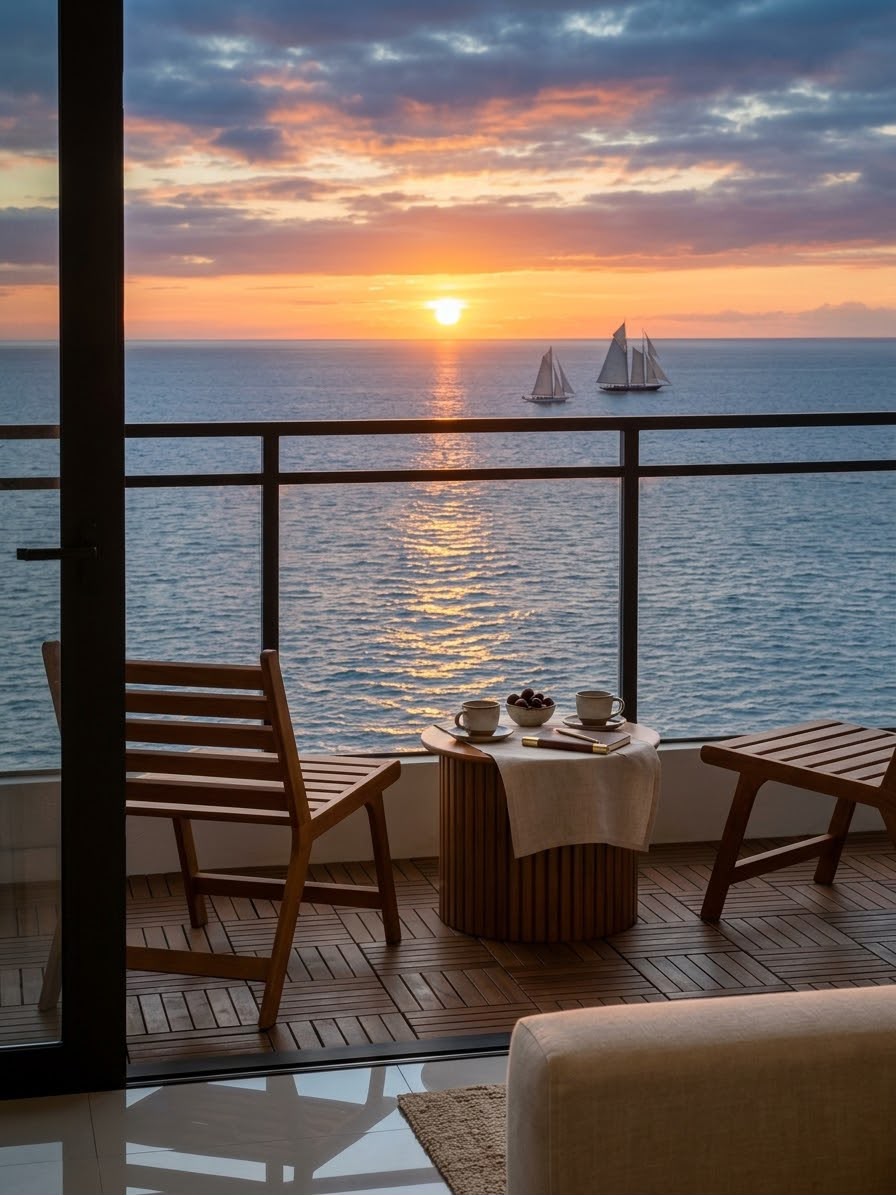 Balcony at sunset with seating overlooking the ocean and sailboats
