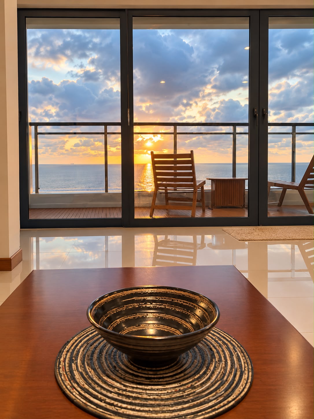 Golden-hour sunset seen through the living room sliding doors
