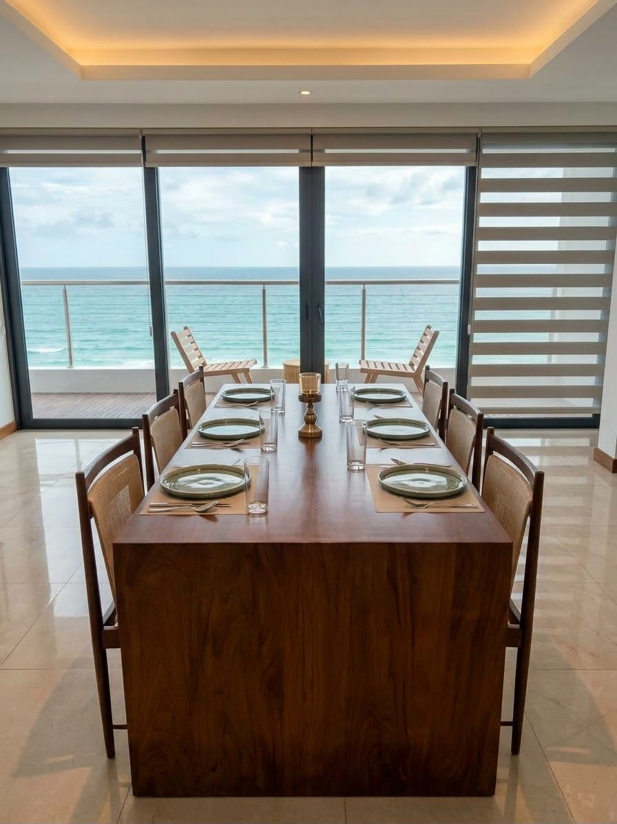 Dining table set in front of floor-to-ceiling ocean views