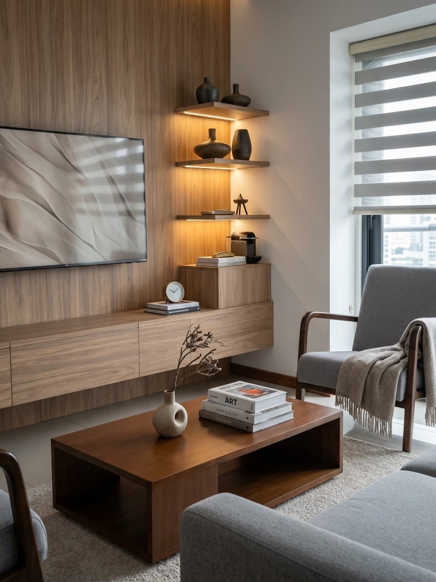 Living lounge with timber feature wall and lit shelving